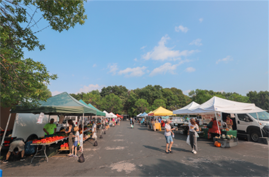 Vendors at the farmers market sell goods for the community on a summer day