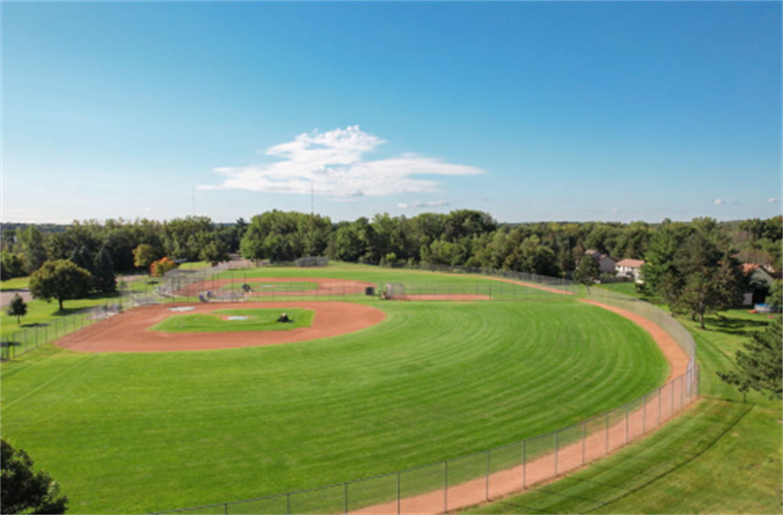 Ariel view of the ball fields on a summer day